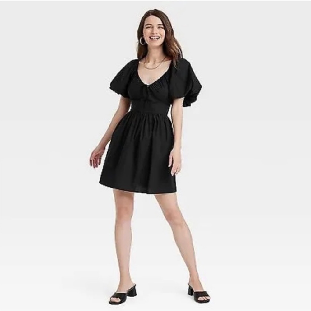 NEW- Puff Short Sleeve Dress - A New Day Black